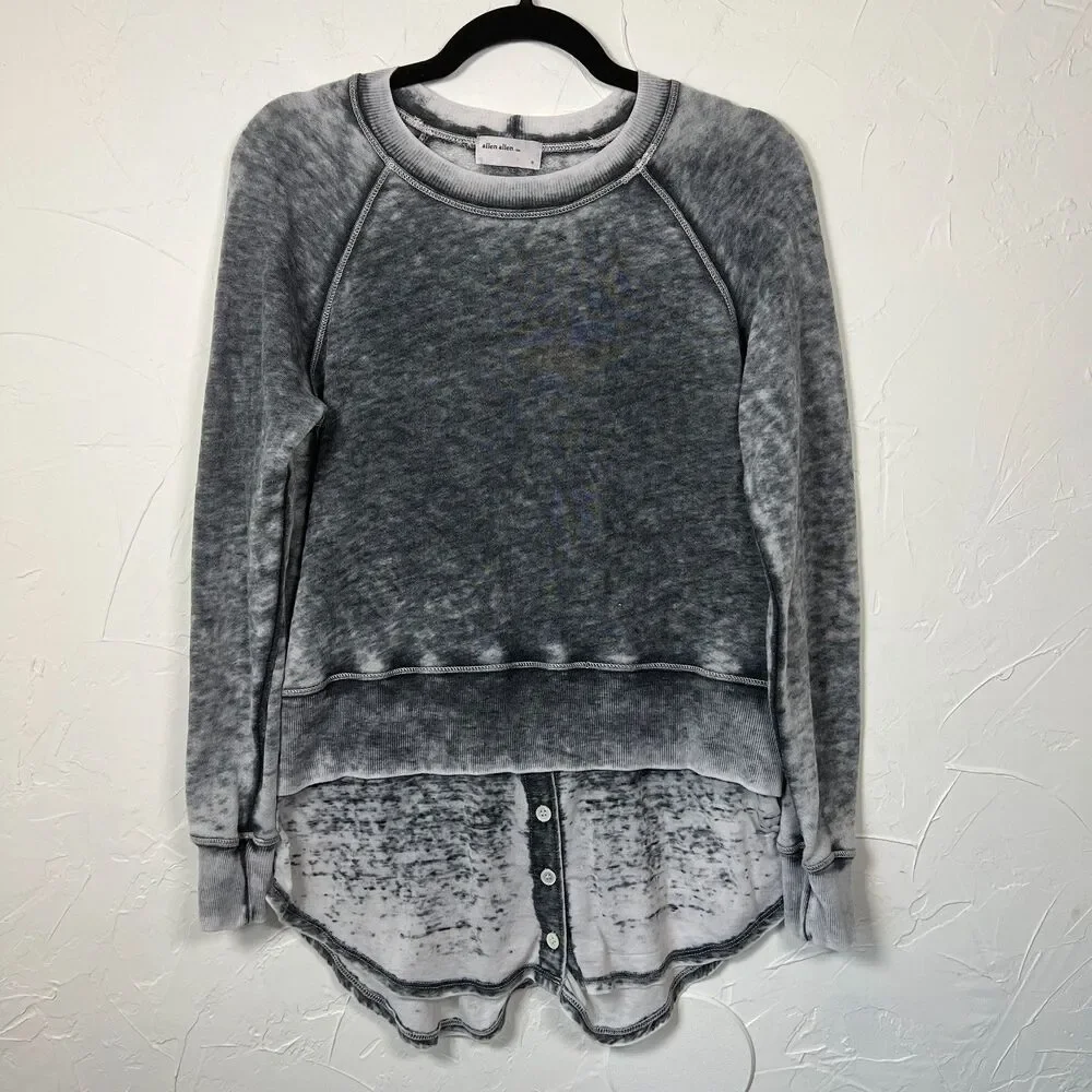 Grunge 90s y2k Allen Allen Gray‎ Acid Wash Distressed Layered Sweatshirt Top S